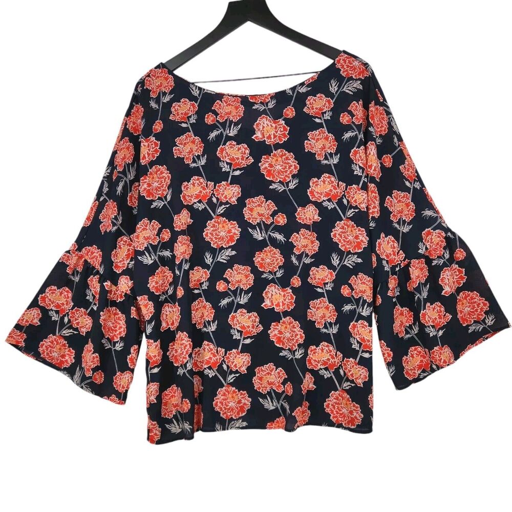 Banana Republic Womens Tunic Blouse L Navy Floral Bell Sleeves Career Back Tie
